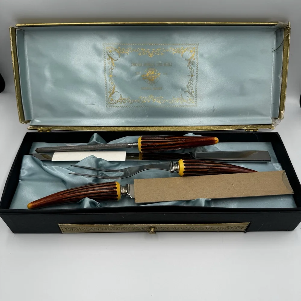 Vintage Sheffield England Carving Set Stainless Steel Blades w/ Case